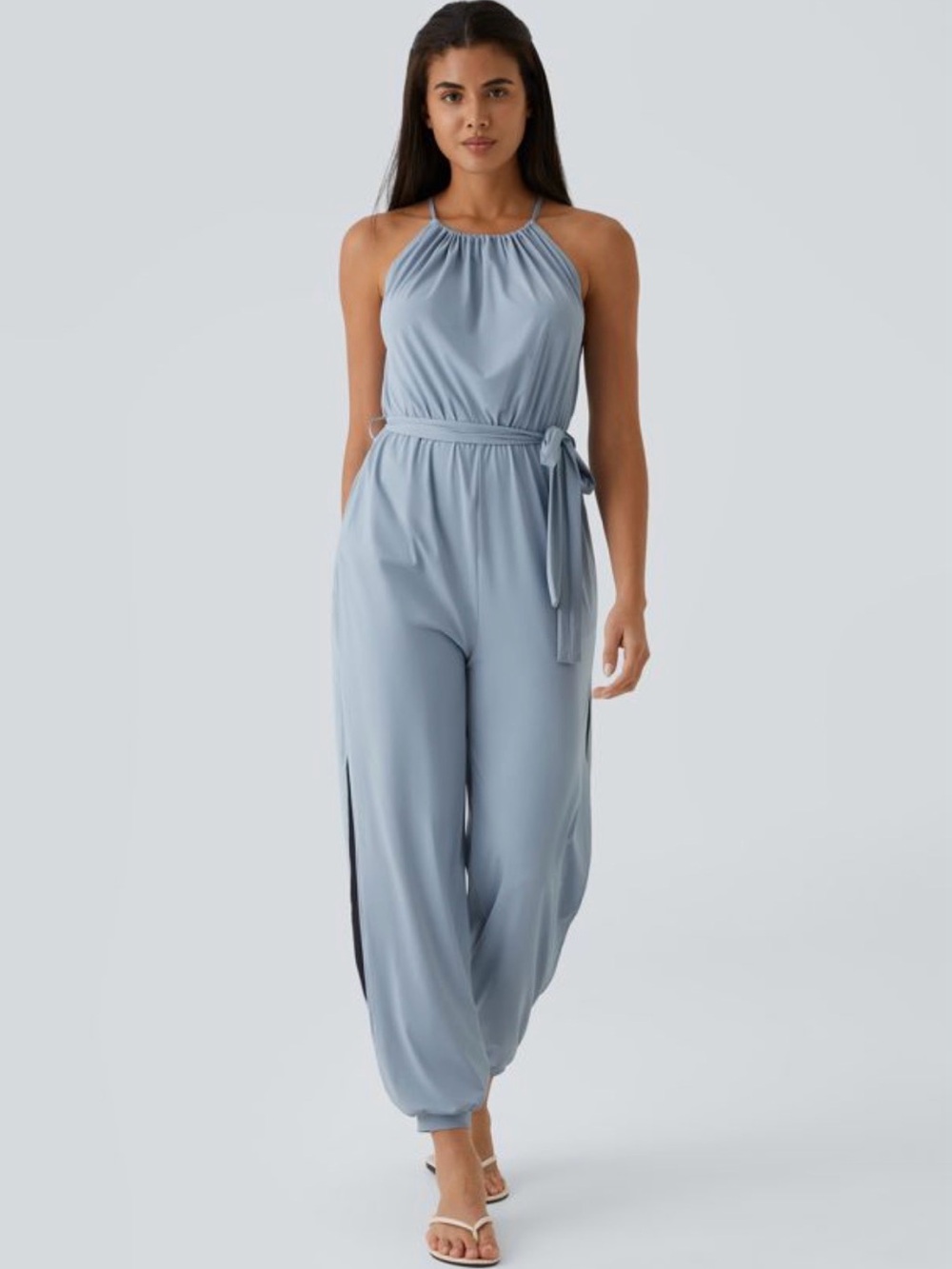 HALARA Dusty Blue Halter Tie-Waist Jumpsuit